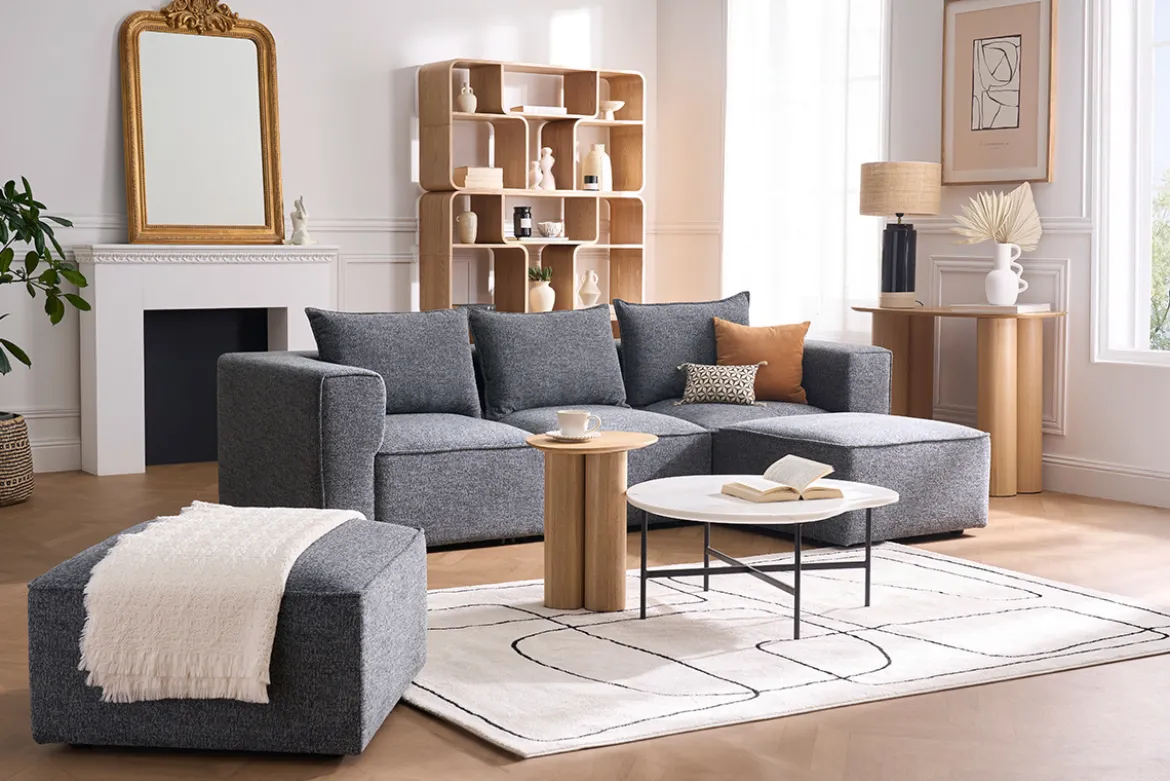Canapé d'angle modulable 4 places en tissu effet velours texturé beige KERRY