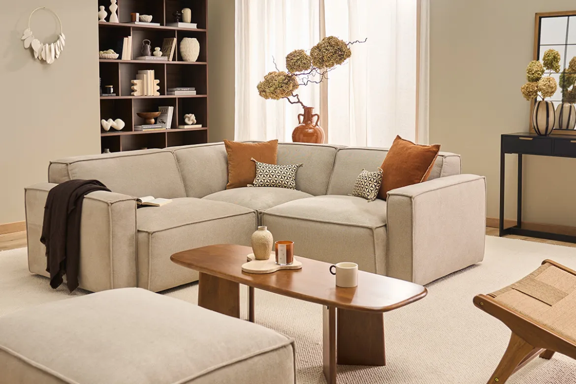 Canapé d'angle modulable 3 places en tissu effet velours texturé beige SPLIT