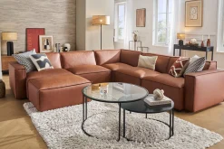 Canapé d'angle modulable vintage 5 places et pouf en cuir marron SPLIT