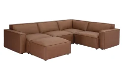 Canapé d'angle modulable vintage 5 places et pouf en cuir marron SPLIT