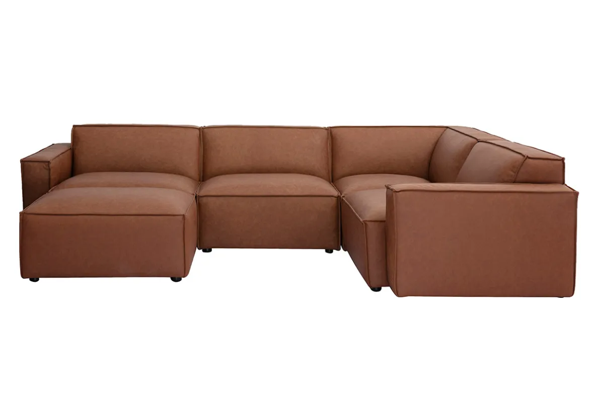 Canapé d'angle modulable vintage 5 places et pouf en cuir marron SPLIT