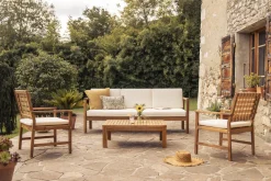 Canapé de jardin 3 places en bois massif et coussins déhoussables beige naturel L190 cm AKIS