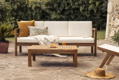 Canapé de jardin 3 places en bois massif et coussins déhoussables beige naturel L190 cm AKIS