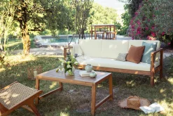 Canapé de jardin 3 places en bois massif et coussins déhoussables beige naturel L190 cm AKIS
