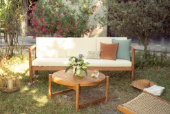 Canapé de jardin 3 places en bois massif et coussins déhoussables beige naturel L190 cm AKIS