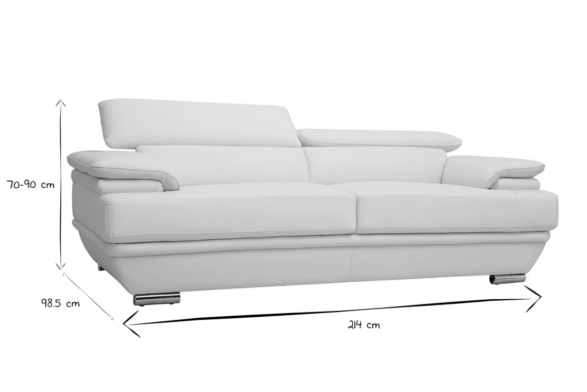 Canapé design avec têtières ajustables 3 places cuir blanc et acier chromé EWING