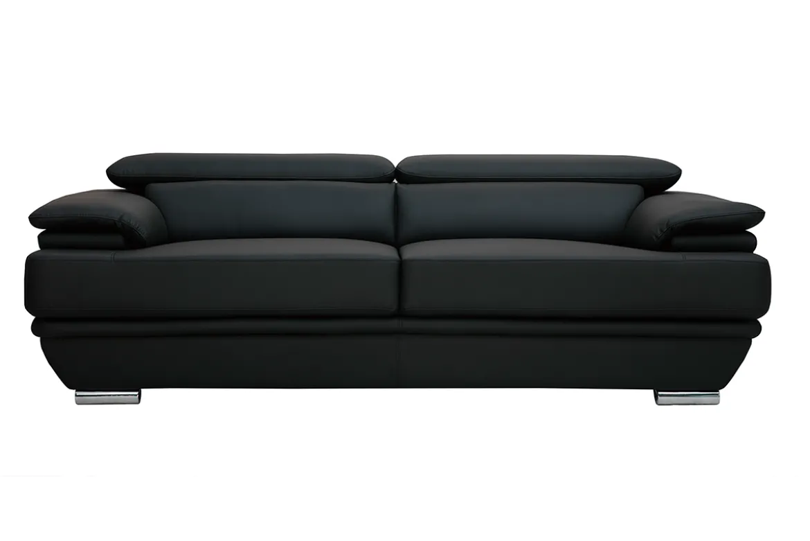 Canapé design avec têtières ajustables 3 places cuir noir et acier chromé EWING