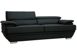 Canapé design avec têtières ajustables 3 places cuir noir et acier chromé EWING