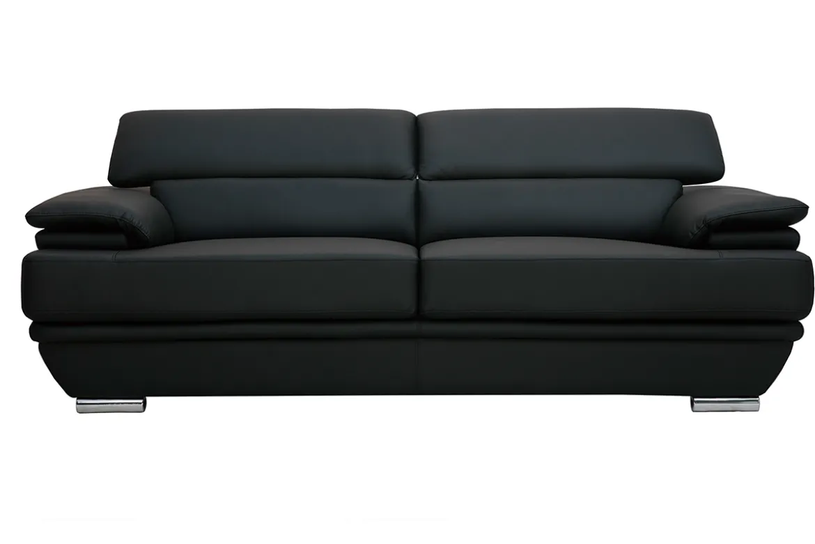 Canapé design avec têtières ajustables 3 places cuir noir et acier chromé EWING
