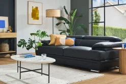 Canapé design avec têtières ajustables 3 places cuir noir et acier chromé EWING