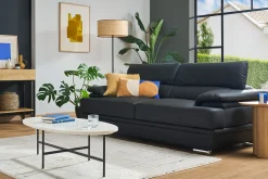 Canapé design avec têtières ajustables 3 places cuir noir et acier chromé EWING