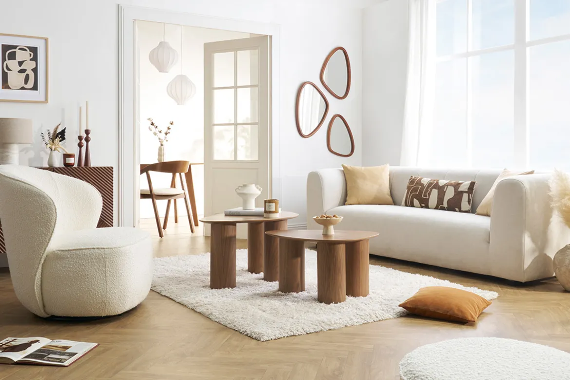 Canapé design en tissu effet velours beige 3-4 places OLIVEIRO