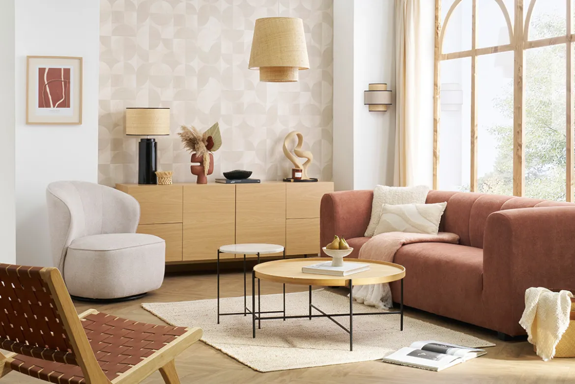 Canapé design en tissu effet velours terre brûlée 3-4 places OLIVEIRO