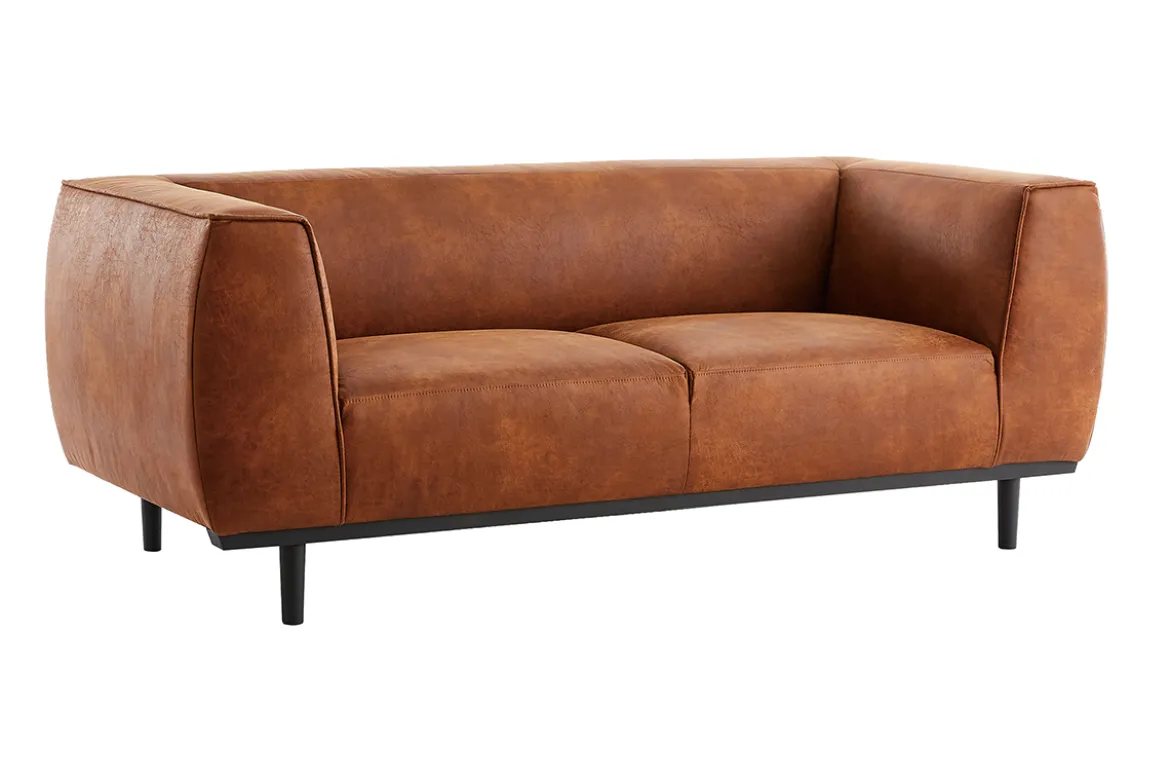 Canapé design 2-3 places en cuir aspect vieilli marron cognac MORRIS