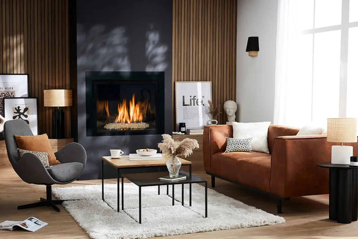 Canapé design 2-3 places en cuir aspect vieilli marron cognac MORRIS