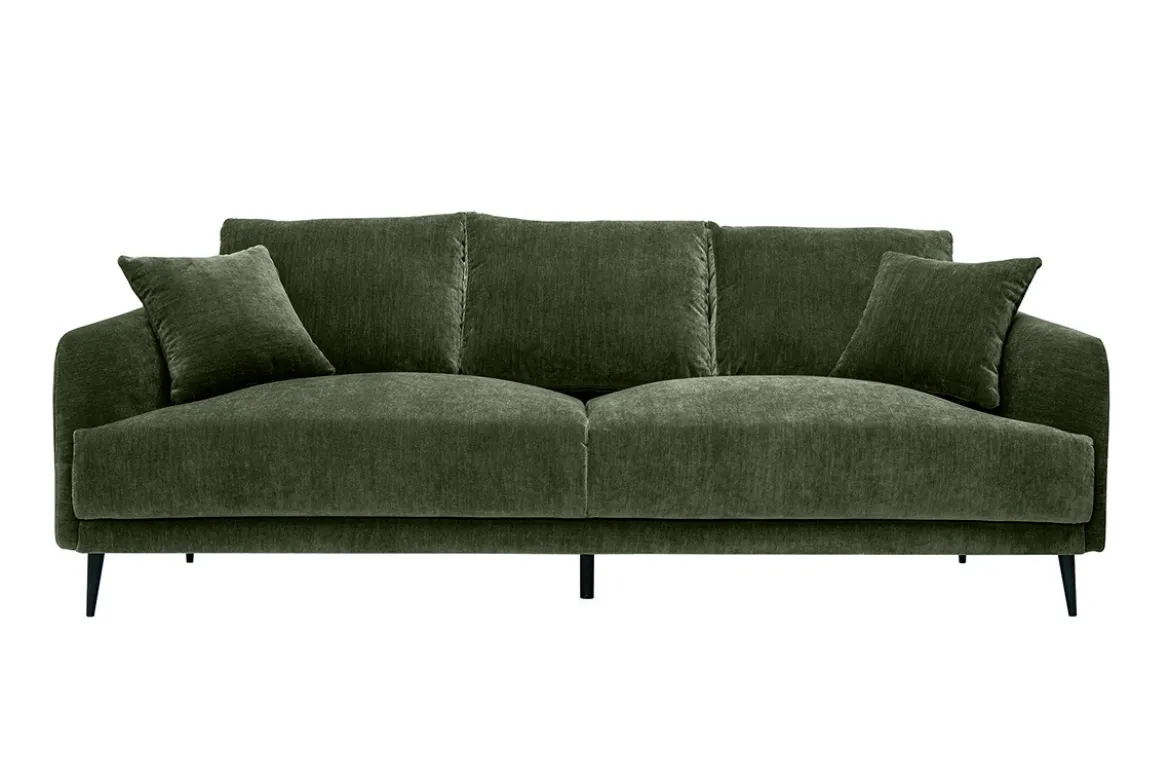 Canapé design 3 places en tissu effet velours vert kaki et métal noir JERRY