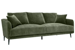 Canapé design 3 places en tissu effet velours vert kaki et métal noir JERRY