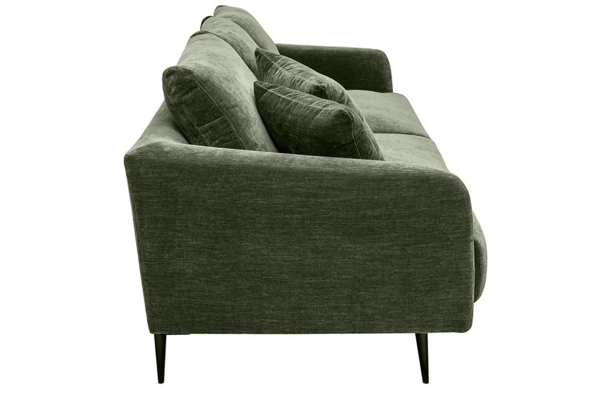 Canapé design 3 places en tissu effet velours vert kaki et métal noir JERRY
