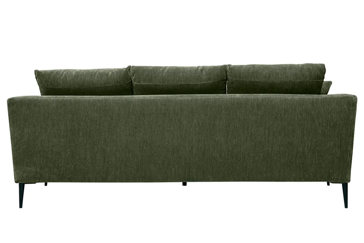 Canapé design 3 places en tissu effet velours vert kaki et métal noir JERRY