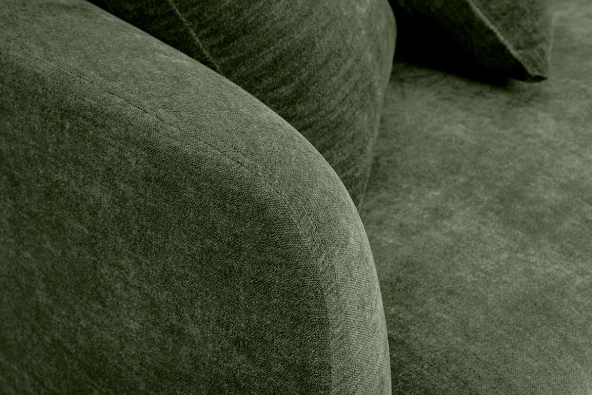 Canapé design 3 places en tissu effet velours vert kaki et métal noir JERRY