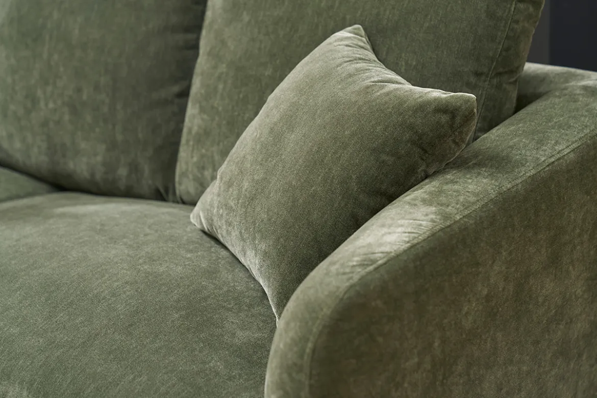 Canapé design 3 places en tissu effet velours vert kaki et métal noir JERRY
