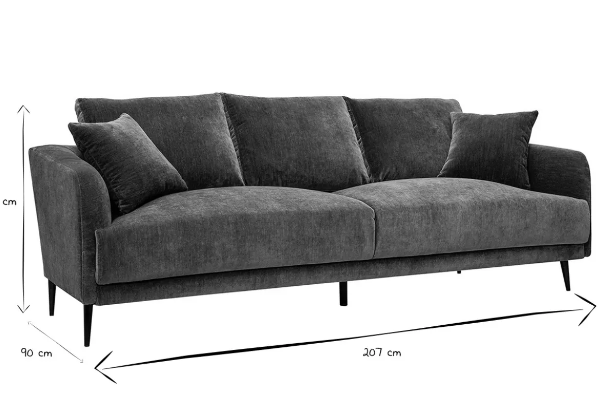 Canapé design 3 places en tissu effet velours vert kaki et métal noir JERRY