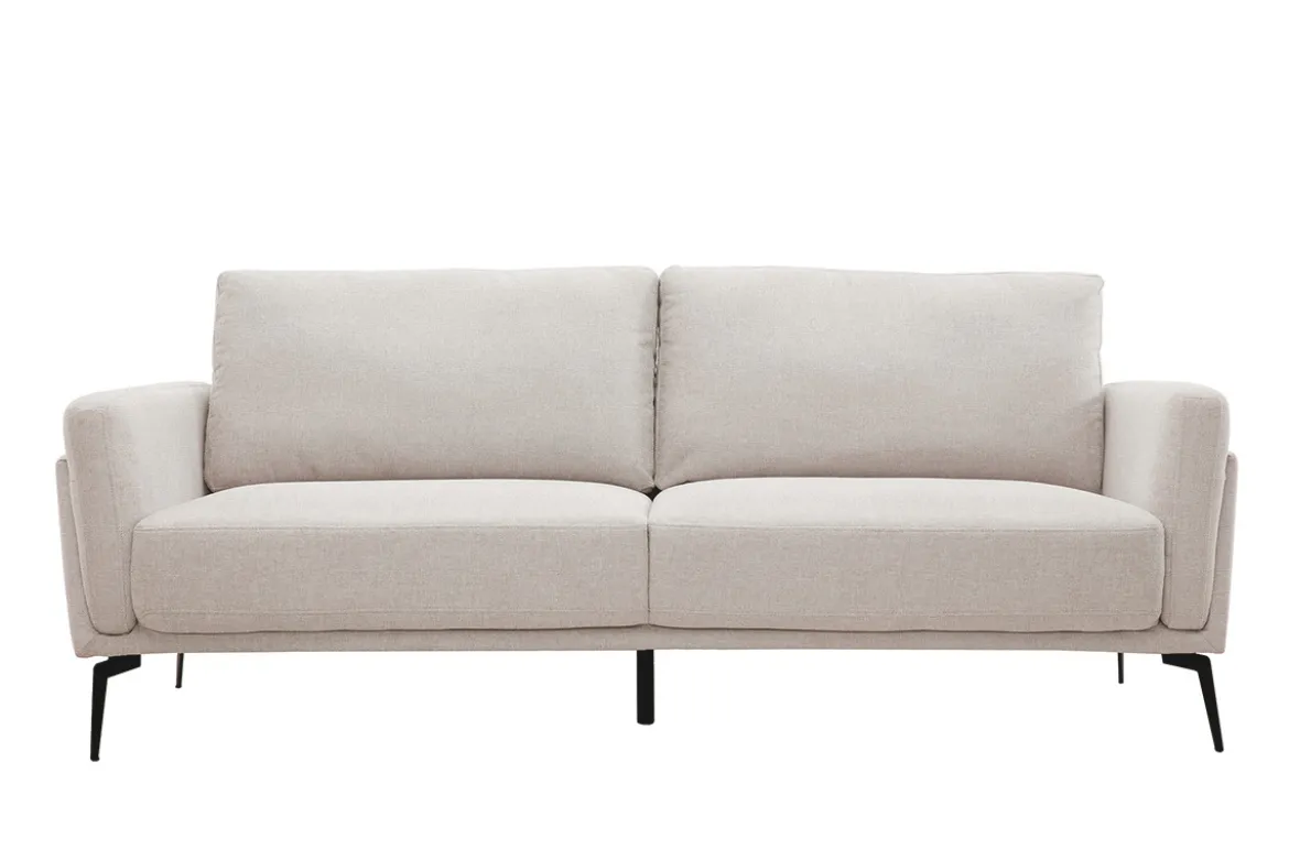 Canapé design 3 places en tissu effet velours texturé beige et métal noir MOSCO