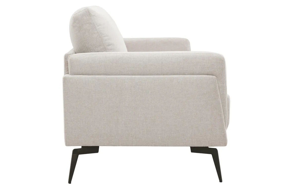 Canapé design 3 places en tissu effet velours texturé beige et métal noir MOSCO
