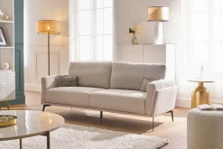 Canapé design 3 places en tissu effet velours texturé beige et métal noir MOSCO