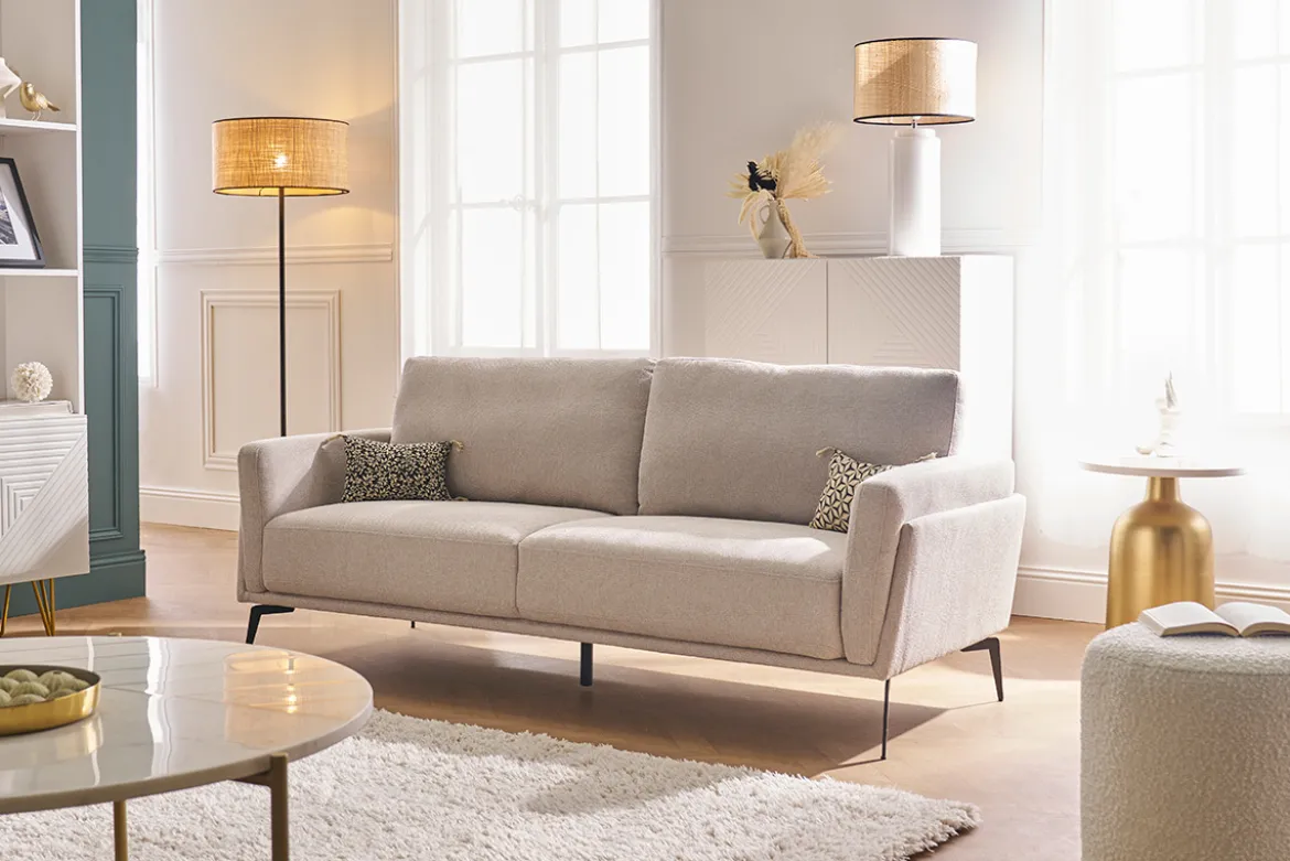 Canapé design 3 places en tissu effet velours texturé beige et métal noir MOSCO