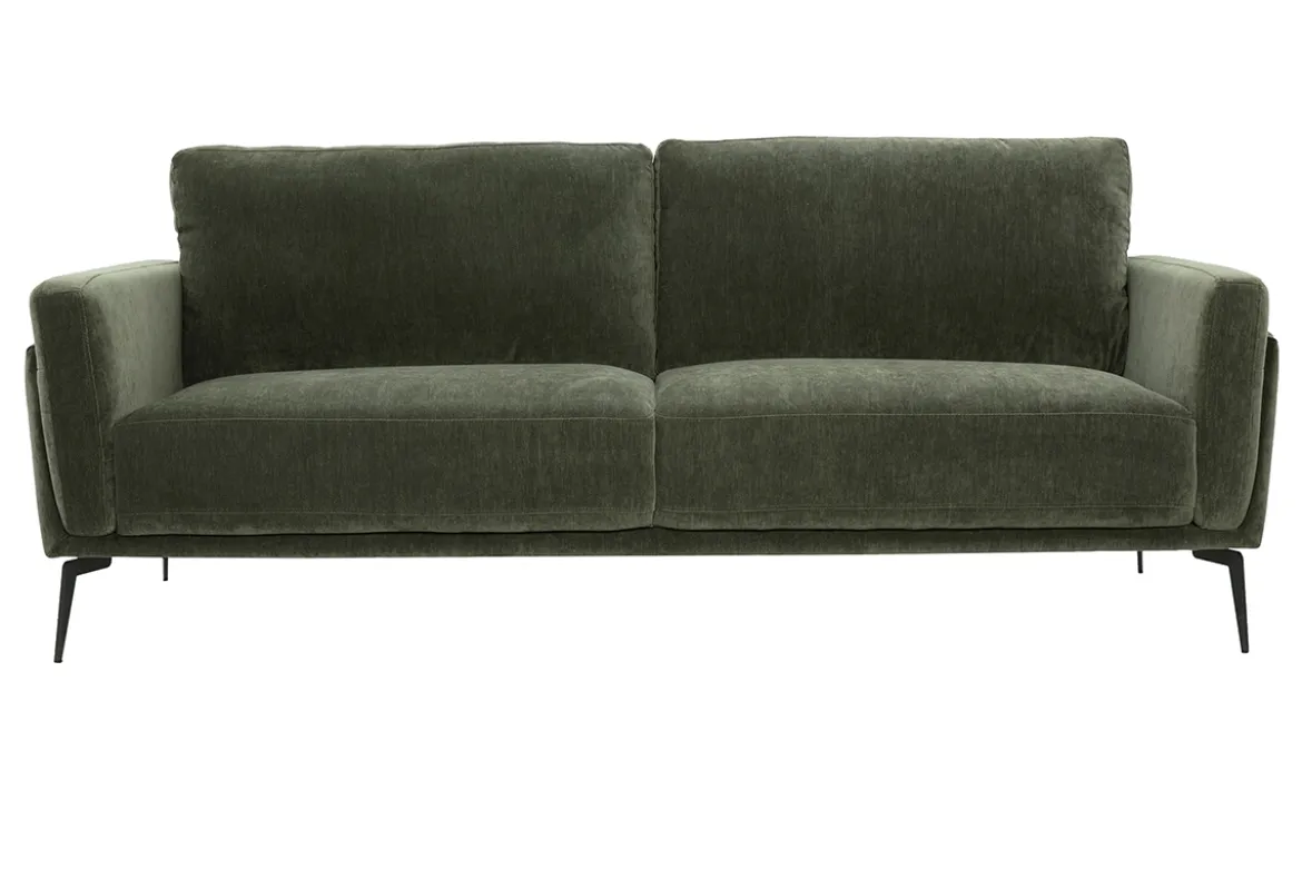 Canapé design 3 places en tissu effet velours vert kaki et métal noir MOSCO