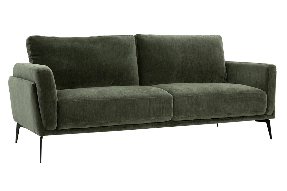 Canapé design 3 places en tissu effet velours vert kaki et métal noir MOSCO