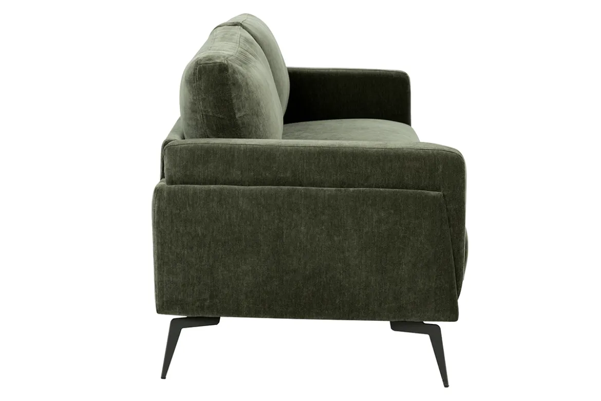 Canapé design 3 places en tissu effet velours vert kaki et métal noir MOSCO
