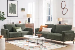 Canapé design 3 places en tissu effet velours vert kaki et métal noir MOSCO