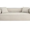 Canapé design 3 places en tissu effet velours beige naturel et bois clair COBAIN