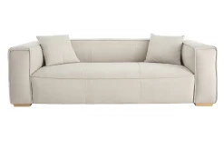 Canapé design 3 places en tissu effet velours beige naturel et bois clair COBAIN