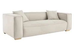 Canapé design 3 places en tissu effet velours beige naturel et bois clair COBAIN