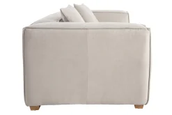 Canapé design 3 places en tissu effet velours beige naturel et bois clair COBAIN