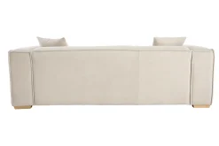 Canapé design 3 places en tissu effet velours beige naturel et bois clair COBAIN