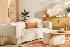 Canapé design 3 places en tissu effet velours beige naturel et bois clair COBAIN