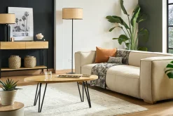 Canapé design 3 places en tissu effet velours beige naturel et bois clair COBAIN