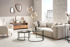 Canapé design 3 places en tissu effet velours beige naturel et bois clair COBAIN