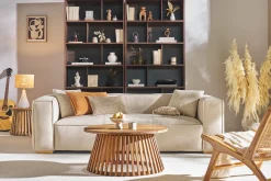 Canapé design 3 places en tissu effet velours beige naturel et bois clair COBAIN