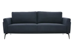 Canapé design 3 places en tissu effet velours texturé bleu foncé et métal noir MOSCO