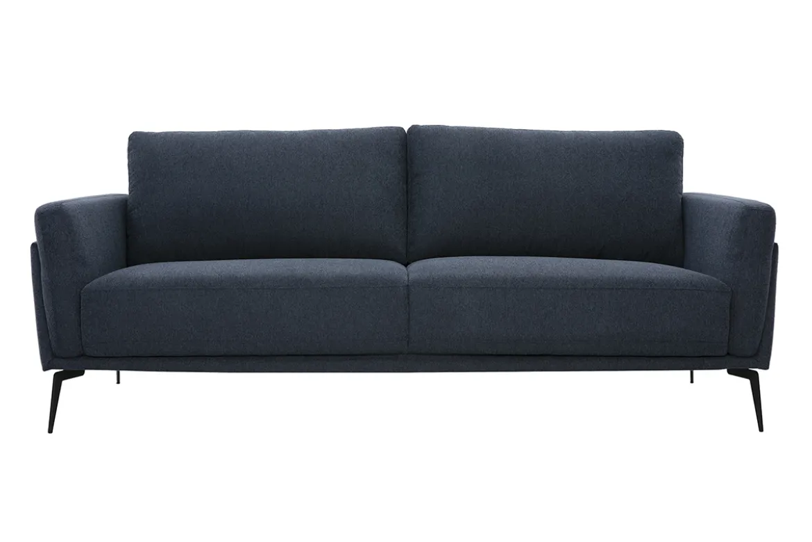 Canapé design 3 places en tissu effet velours texturé bleu foncé et métal noir MOSCO