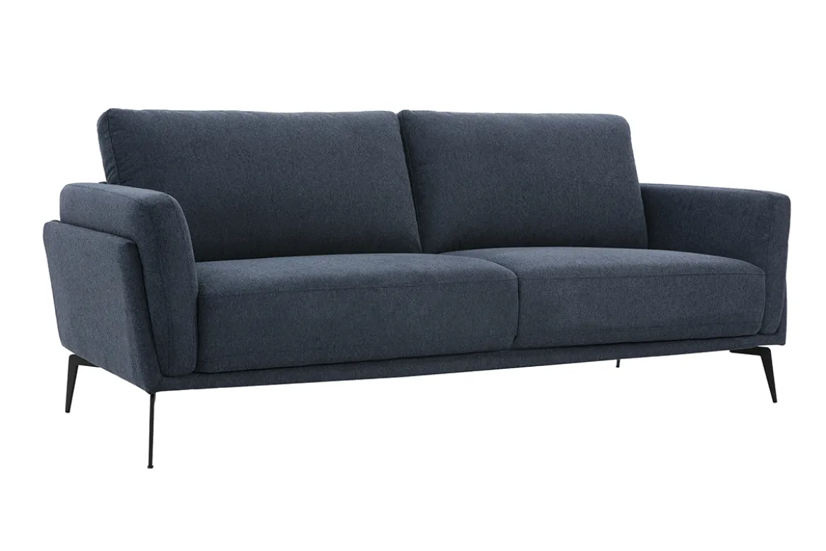 Canapé design 3 places en tissu effet velours texturé bleu foncé et métal noir MOSCO