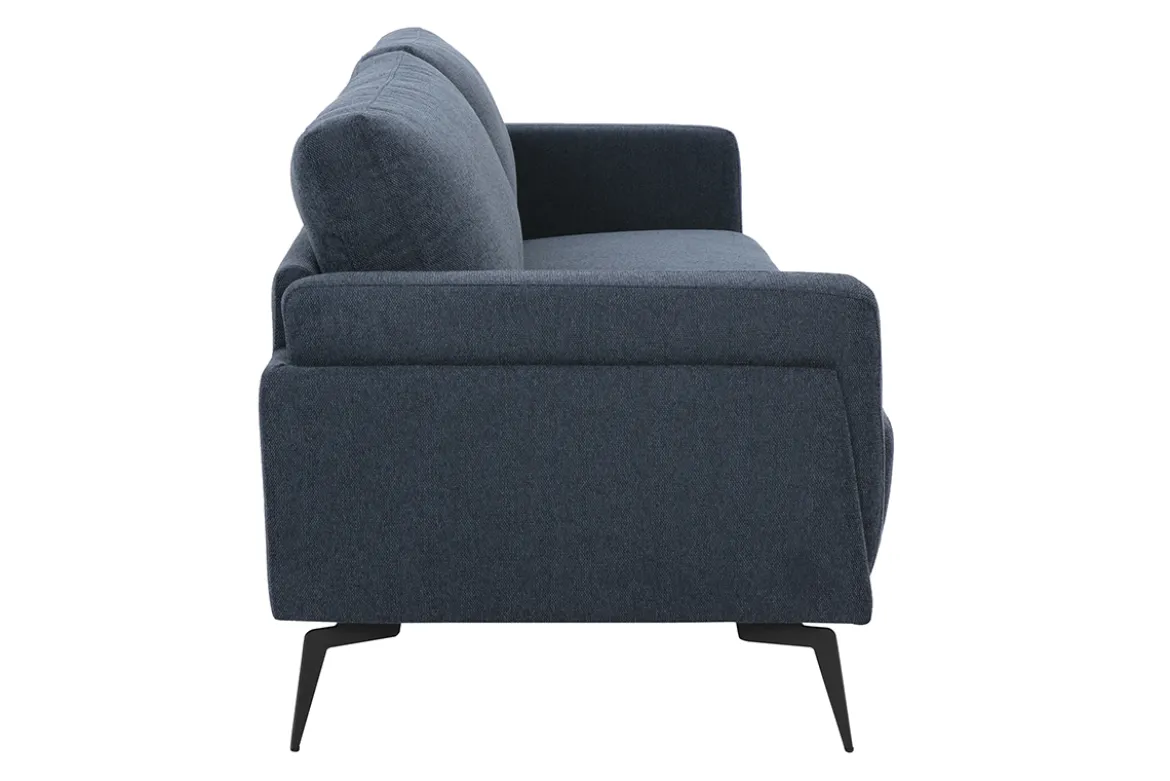 Canapé design 3 places en tissu effet velours texturé bleu foncé et métal noir MOSCO