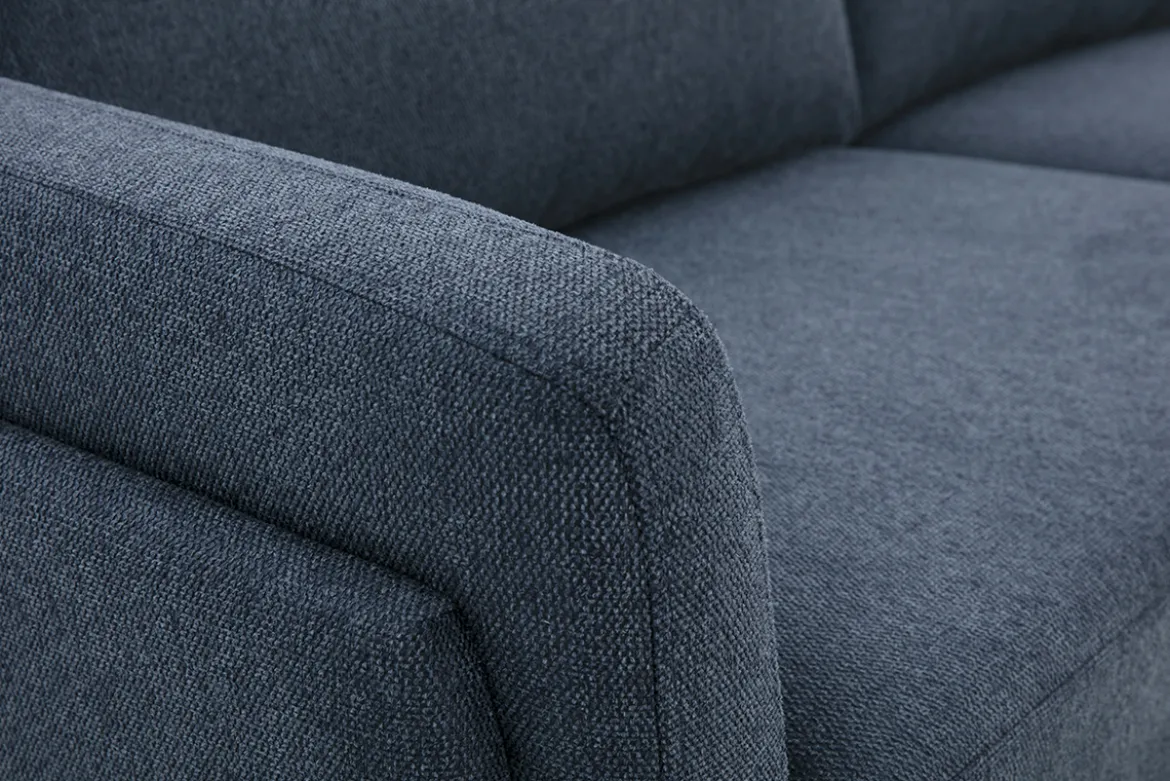 Canapé design 3 places en tissu effet velours texturé bleu foncé et métal noir MOSCO