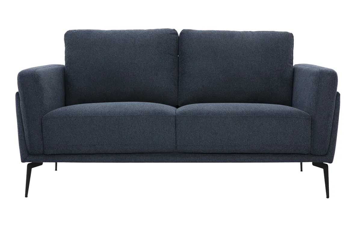 Canapé design 2 places en tissu effet velours texturé bleu foncé et métal noir MOSCO