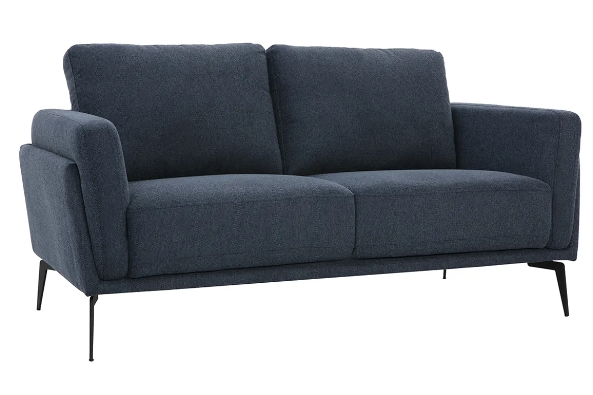 Canapé design 2 places en tissu effet velours texturé bleu foncé et métal noir MOSCO